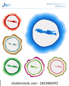 Sammlung des Java-Logos. Farbiges Logo der Insel. Einzigartige, geschichtete dynamische Rahmen rund um die Java-Grenzform. Vektorgrafik.