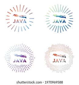 Java low poly sunburst set. Logo of island in geometric polygonal style. Vector illustration.