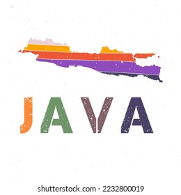 Java map design. Shape of the island with beautiful geometric waves and grunge texture. Vibrant vector illustration.
