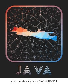 Java map design. Vector low poly map of the island. Java icon in geometric style. The island shape with polygonal gradient and mesh on dark background.