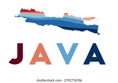 Java map. Map of the island with beautiful geometric waves in red blue colors. Vivid Java shape. Vector illustration.