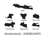 Java map silhouette with province boundaries: Banten, Jakarta, West Java, Central Java, Yogyakarta, East Java.