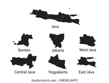 Java map silhouette with province boundaries: Banten, Jakarta, West Java, Central Java, Yogyakarta, East Java.