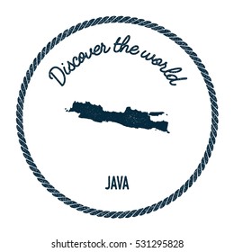 Java map in vintage discover the world rubber stamp. Hipster style nautical postage Java stamp, with round rope border. Java map vector illustration.
