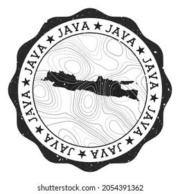 Java outdoor stamp. Round sticker with map of island with topographic isolines. Vector illustration. Can be used as insignia, logotype, label, sticker or badge of the Java.