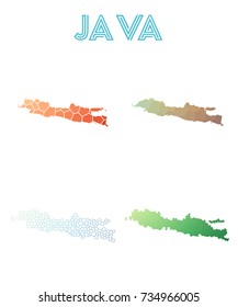 Java polygonal island map. Mosaic style maps collection. Bright abstract tessellation, geometric, low poly, modern design. Java polygonal maps for infographics or presentation.
