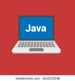 Java programming language. Laptop flat design on red background
