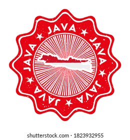 Java round grunge stamp with island map and country flag. Vintage badge with circular text and stars, vector illustration.