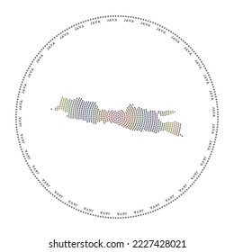 Java round logo. Digital style shape of Java in dotted circle with island name. Tech icon of the island with graduated dots. Stylish vector illustration.