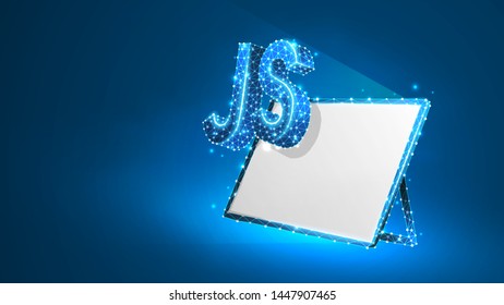 Java Script coding language sign on white tablet screen. Device, programming, developing concept. Abstract, digital, wireframe, low poly mesh, vector blue neon 3d illustration. Line dot star