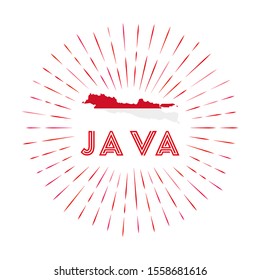 Java sunburst badge. The island sign with map of Java with Indonesian flag. Colorful rays around the logo. Vector illustration.