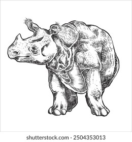 Javan rhinoceros Front View Vector Line art