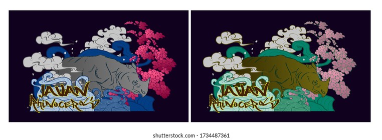 javan rhinoceros illustration design for sukajan is mean japan traditional cloth or t-shirt with digital hand drawn Embroidery Men T-shirts Summer Casual Short Sleeve Hip Hop T Shirt Streetwear