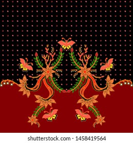 Javanese batik modified of butterfly and flower in black and maroon color background