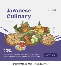 Vector de ilustración de cocina javanesa. Colección de alimentos indonesios para plantilla de publicación en medios sociales