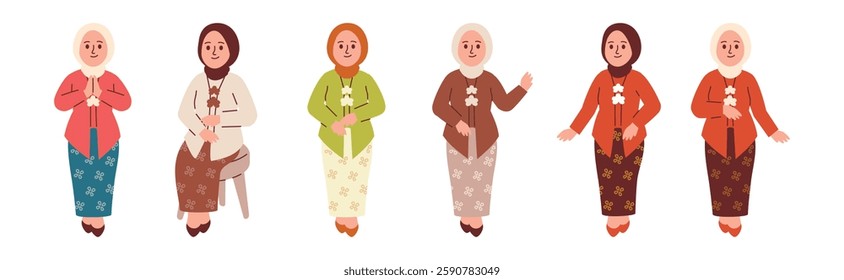 Javanese Indonesia Woman Wear Traditional Kebaya Clothing with Various Pose
