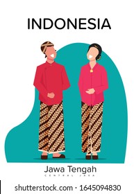 Javanese man and woman wearing traditional dress from central java indonesia character vector illustration flat design, indonesian traditional wedding dress template, ancient heritage indonesia