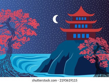 Javanese temple on a rock. Sea landscape. Night time. Stars and moon. Bonsai trees.