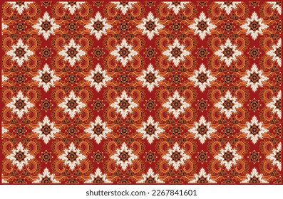 batik tradicional javanés con un fondo rojo oscuro