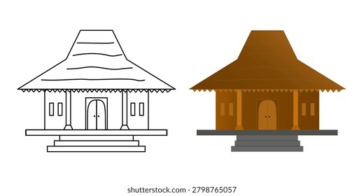 Javanese traditional house Joglo vector illustration set. Indonesian vernacular architecture building in line art outline and colored flat design isolated on white background