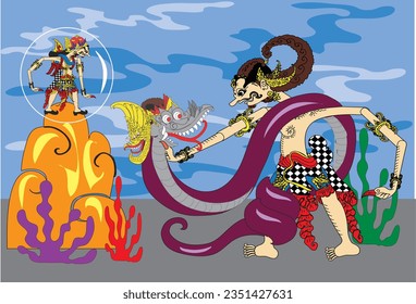 Javanese Wayang Bima and Dewaruci , parable of  warrior defeating the ego dragon in deep ocean mind to find his pure spirit , Vector