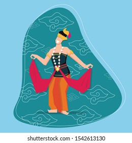 Javanese woman perform traditional dance from middle java indonesia vector illustration flat design with simple background, Beautiful javanese woman wearing traditional dress illustration