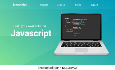 Javascript programming code technology banner. Javascript language software coding development website design.