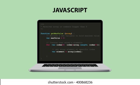 javascript programming language illustration with laptop and script code vector illustration