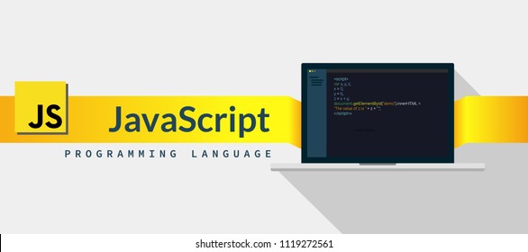 Javascript  programming language with script code on laptop screen, programming language code illustration