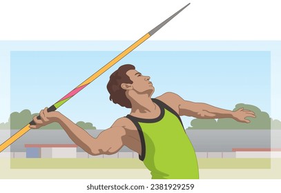 atleta javelin lanzando una lanza con pista y estadio al fondo