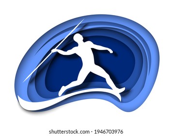 Javelin throw. Athlete throwing spear white silhouette, vector illustration in paper art style. Track and field event. Athletics competition.