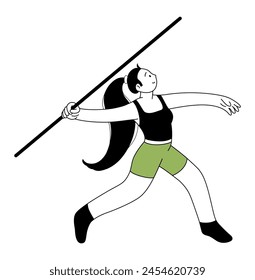 Ilustración de contorno de lanzamiento de jabalina. Atleta lanzando icono de jabalina. Personaje para la clasificación deportiva, Web, postal, mascota, escuela deportiva. Estilo de vida saludable. Ilustración de arte de línea de Vector.