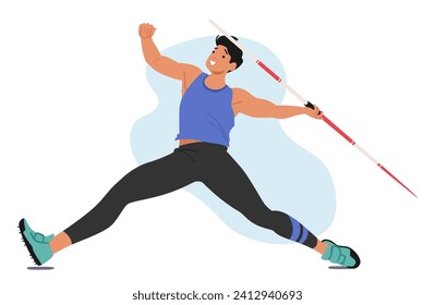 Javelin Thrower Atlete Masculino Exhibición Precisión Y Fuerza, Lanzando Javelin Slender Spear-like Con Fines, Combina Técnica, Agilidad Y Energía Cruda. Ilustración de vectores de personas de caricatura