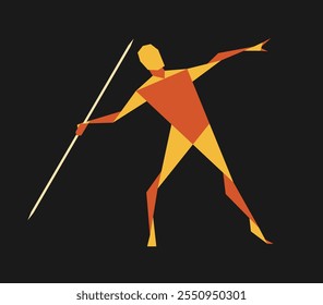 Silueta de lanzador de jabalina. Gráfico de arte geométrico. Figura de hombre posando con lanza. Imagen de Ilustración vectorial.