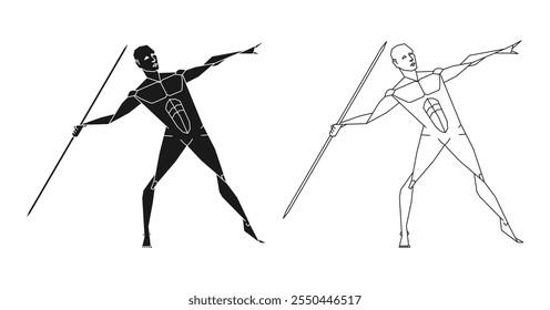 Silueta de lanzador de jabalina. Figura de hombre posando con lanza. Imagen de Ilustración vectorial.