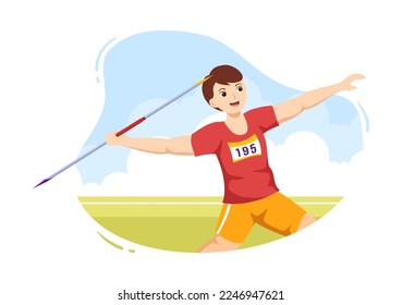 Javelin Throwing Athlete Illustration using a Long Lance Shaped Tool to Throw in Sports Activity Flat Cartoon Hand Drawn Template