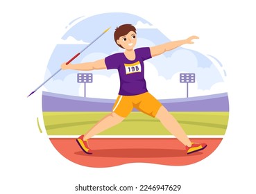 Javelin Throwing Athlete Illustration using a Long Lance Shaped Tool to Throw in Sports Activity Flat Cartoon Hand Drawn Template