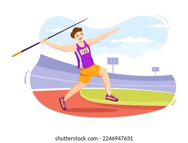 Ilustración de atleta de Javelin lanzando una herramienta con forma de lanza larga para lanzar en la actividad deportiva plantilla de dibujo a mano plana