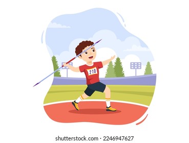 Javelin Throwing Kids Athlete Illustration using a Long Lance Shaped Tool to Throw in Sports Activity Flat Cartoon Hand Drawn Template