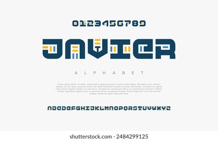 Javier creative geometric modern urban alphabet font. Digital abstract futuristic, fashion, sport, minimal technology typography. Simple numeric vector illustration