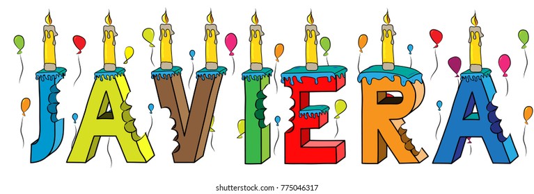 Javiera female first name bitten colorful 3d lettering birthday cake with candles and balloons.