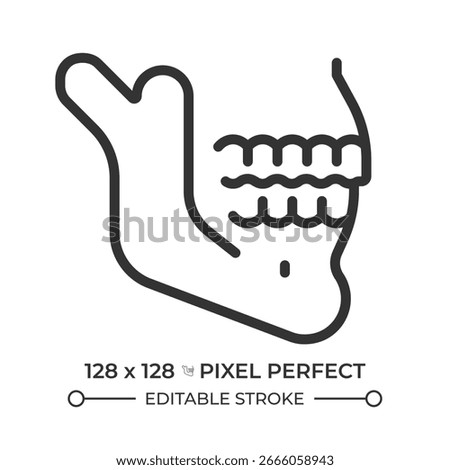 Jaw bone xray pixel perfect line icon. Oral health, hygiene. Human anatomy, healthcare. Diagnosis, teeth. Isolated vector illustration. Outline symbol. Simple linear drawing. Editable stroke