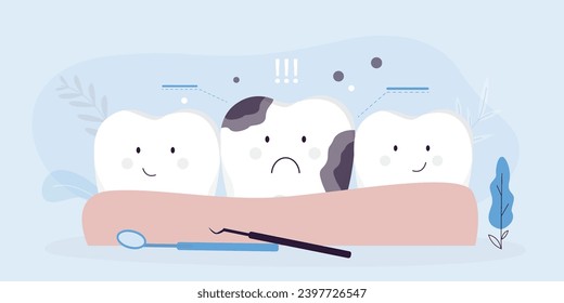 Jaw with broken tooth and healthy white teeth. Sick and rotten teeth. Oral and dental care, healthcare. Concept vector illustration of healthy teeth care comparison.