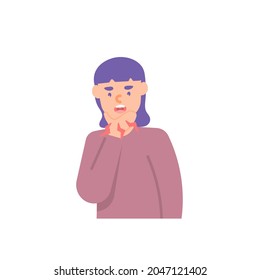 jaw or chin pain, goiter, toothache. illustration of a woman holding his chin in celebration of pain. health problems. flat cartoon style. vector element design