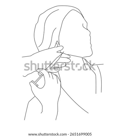 jaw injection. Chin liposuction flat design. Cosmetic surgery on face with dotted lines. For plastic surgery clinic, 