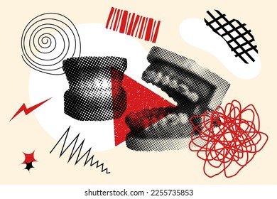 Jaw joint with abstract shapes, human teeth and red white elements. Modern concept art poster, collage of contemporary art. Poster, t-shirt composition, hand drawn style print.