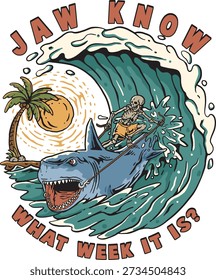 Jaw Know Shark Week Quote Illustration, Funny Surf Shark Vector Illustration