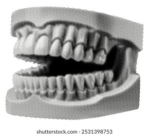 mandíbula com dentes isolados no fundo branco meio-tom retro grunge pontilhado recorte vintage preto pontos colagem elemento para halloween design louco punk pop art estilo y2k objeto