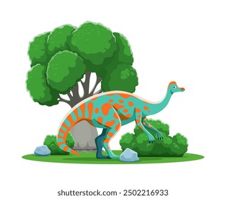 Jaxartosaurus Cartoon prähistorischen Dinosaurier Charakter. Isolierte Vektor alten pflanzenfressenden Dino Reptil Tier in natürlicher Umgebung mit einem Baum, Felsen und grünen Pflanzen. Eidechse der späten Kreidezeit