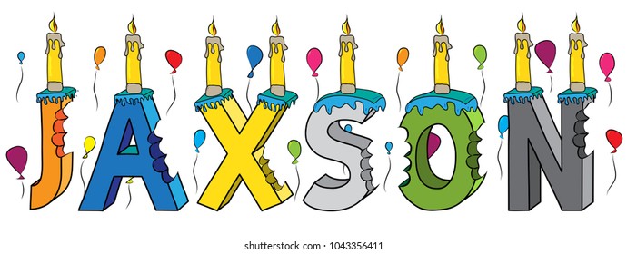Jaxson male first name bitten colorful 3d lettering birthday cake with candles and balloons.
